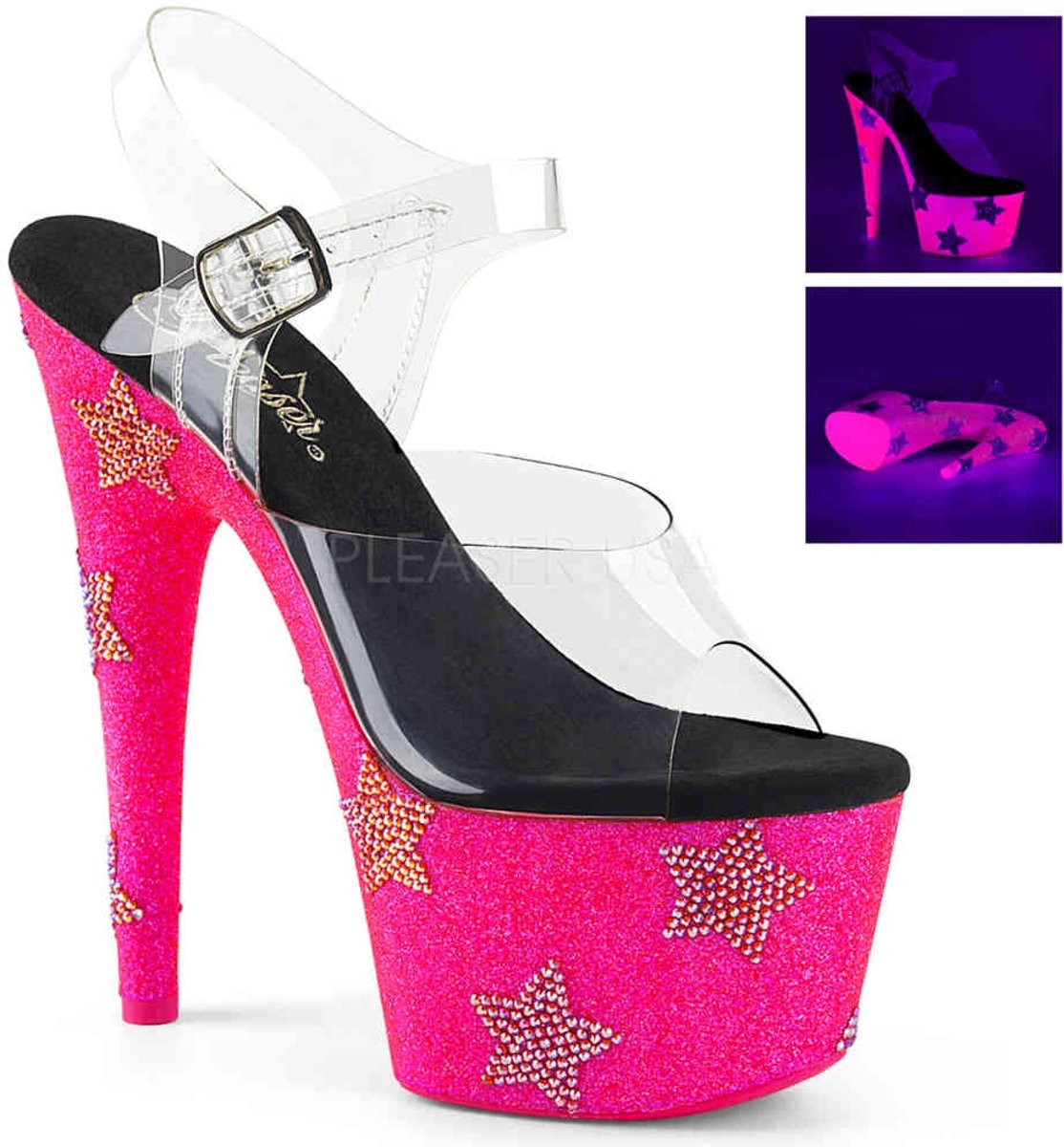 EU 36 = US 6 | ADORE-708STAR | 7 Heel,2 3/4 PF UV Reactive Ankle Strap Sandal W/RS Stars